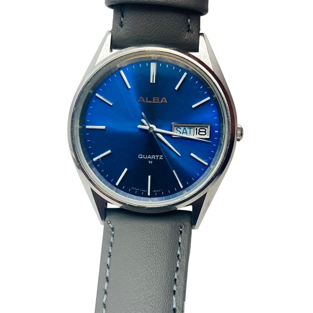 VTG Alba Seiko Blue Sunburst Dial Watch 35mm -New Battery WR Day Date Adjustable